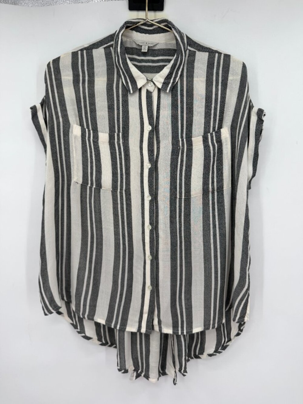 Lucky Brand Women's Striped Button Front Tie Hem Blouse Small Black White